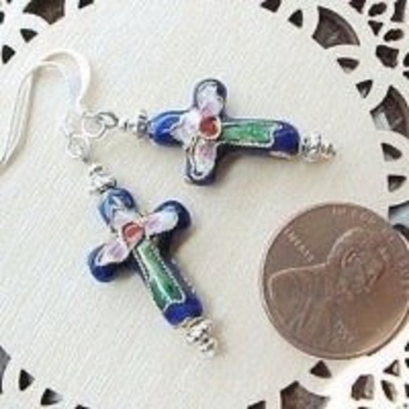 B2G1 BLUE Easter Cross & Rose Earrings Cloisonné Christian Catholic Communion… - Picture 1 of 1